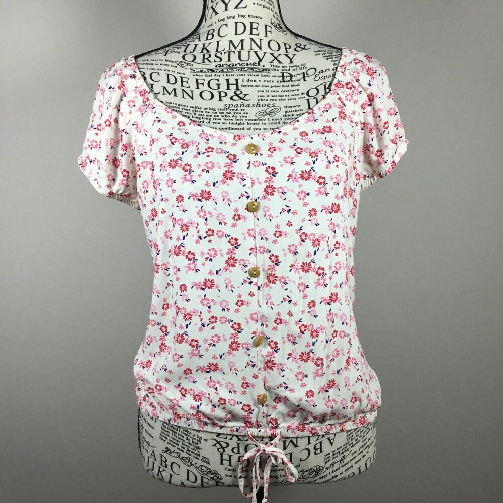 White peasant floral top stretchy smocked back fairycore wench milkmaid sz S